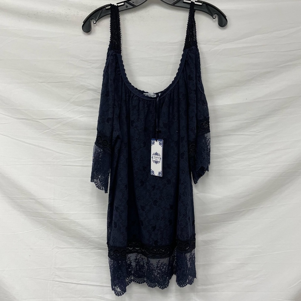 Tempo Paris Navy Lace Cold-Shoulder Blouse